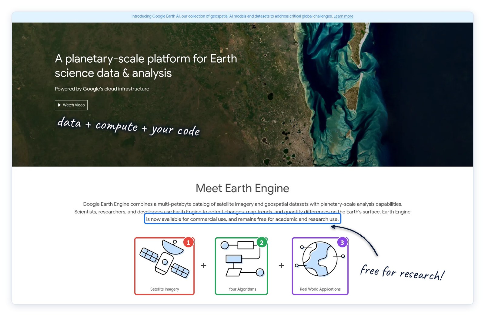 图 1 ｜ Earth Engine 官网首页，蓝框处写着：可用于商业用途，对学术和科研用途免费