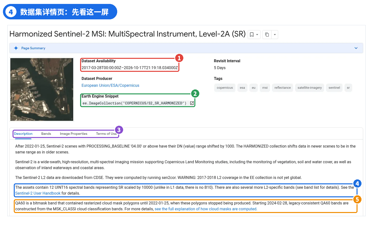 图 4 | ① Dataset Availability:时间范围 ② Earth Engine Snippet:ID 和对象类型 ③ Bands、Image Properties、Terms of Use 标签页 ④ 12 个光谱波段,没有 B10 ⑤ QA60 生成方式有过变化