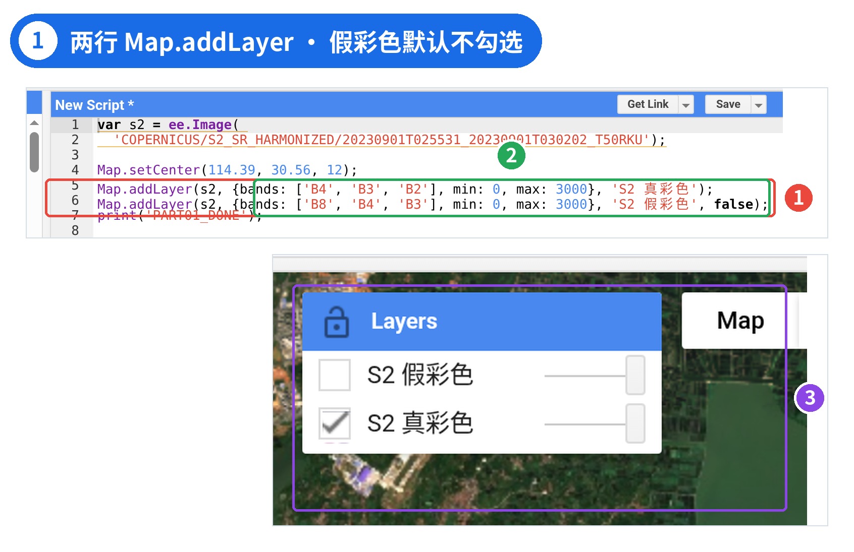 图 1 | ① 两行 Map.addLayer 结构相同 ② 只换了 bands 与图层名 ③ Layers:假彩色默认不勾选