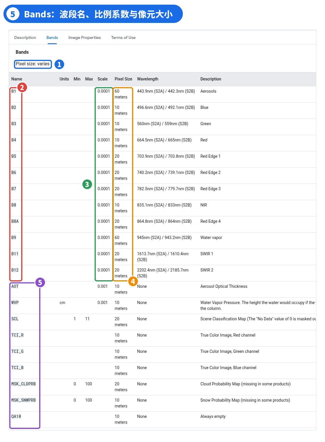 图 5 | ① Pixel size: varies ② B1–B12 共 12 个光谱波段(没有 B10)③ Scale 都是 0.0001 ④ Pixel Size 有 10、20、60 m 三种 ⑤ AOT、WVP、SCL、TCI 等辅助波段