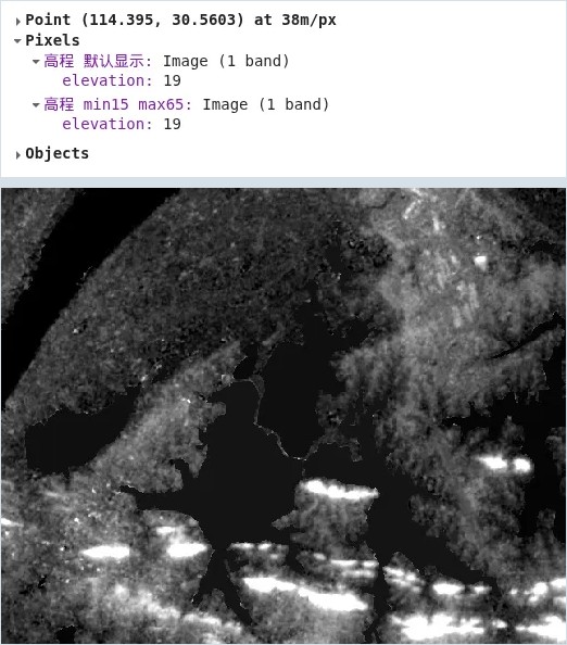 图 2 | ① Inspector 在同一点 (114.395, 30.5603) 读到两个图层的 elevation 都是 19 ② 上层加了 min/max 的图层,地形明暗才显出来