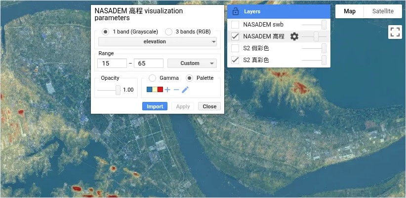 图 7 | ① 右上 Layers 面板:勾选框控制显示,滑块控制不透明度 ② 点图层右侧齿轮,打开可视化参数设置框 ③ 1 band (Grayscale) / 3 bands (RGB)、Range、Opacity、Gamma / Palette 都能在这里调
