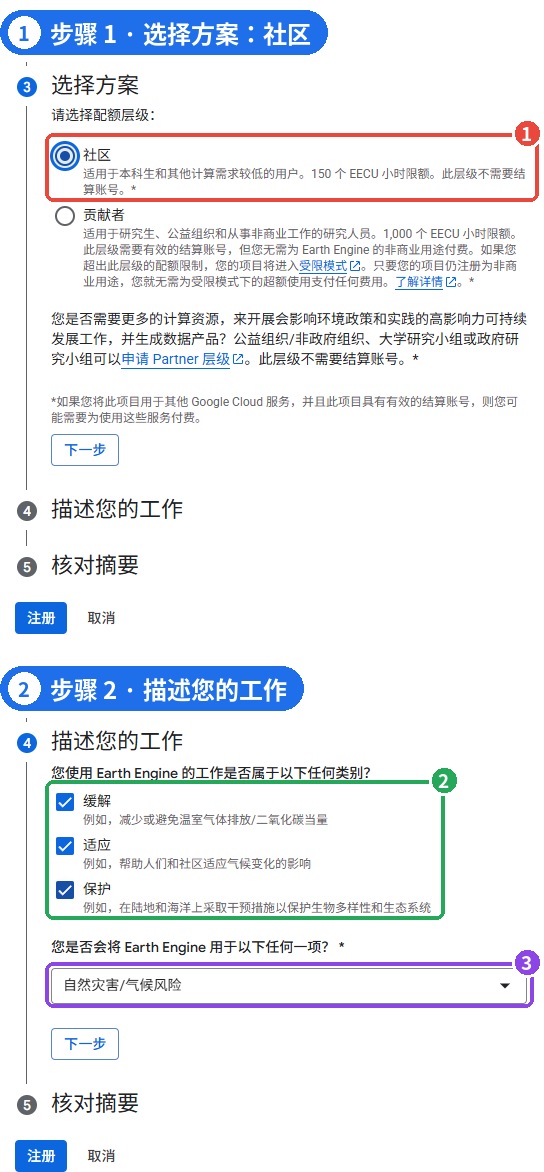 图 6 | ① 选择「社区」层级 ② 工作类别 ③ 用途选项