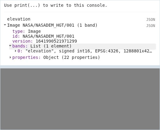 图 1 | ① Console:elevation 是 1 个波段,类型 signed int16 ② 不给参数时,地图几乎是同一种灰色,连底图都被盖住