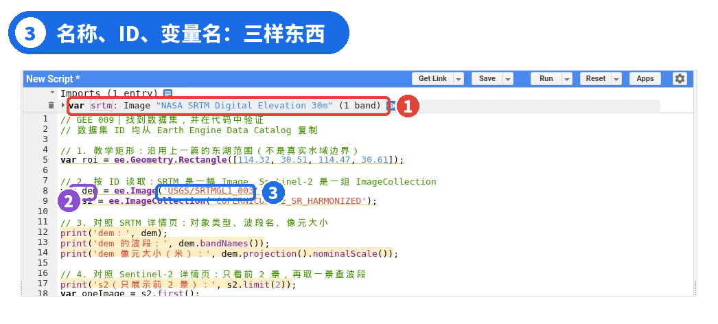 图 3 | ① Imports 里的 srtm:变量名是自己起的,后面显示的是数据集名称 ② 代码里的 dem 也是自己起的变量名 ③ 'USGS/SRTMGL1_003' 才是数据集 ID