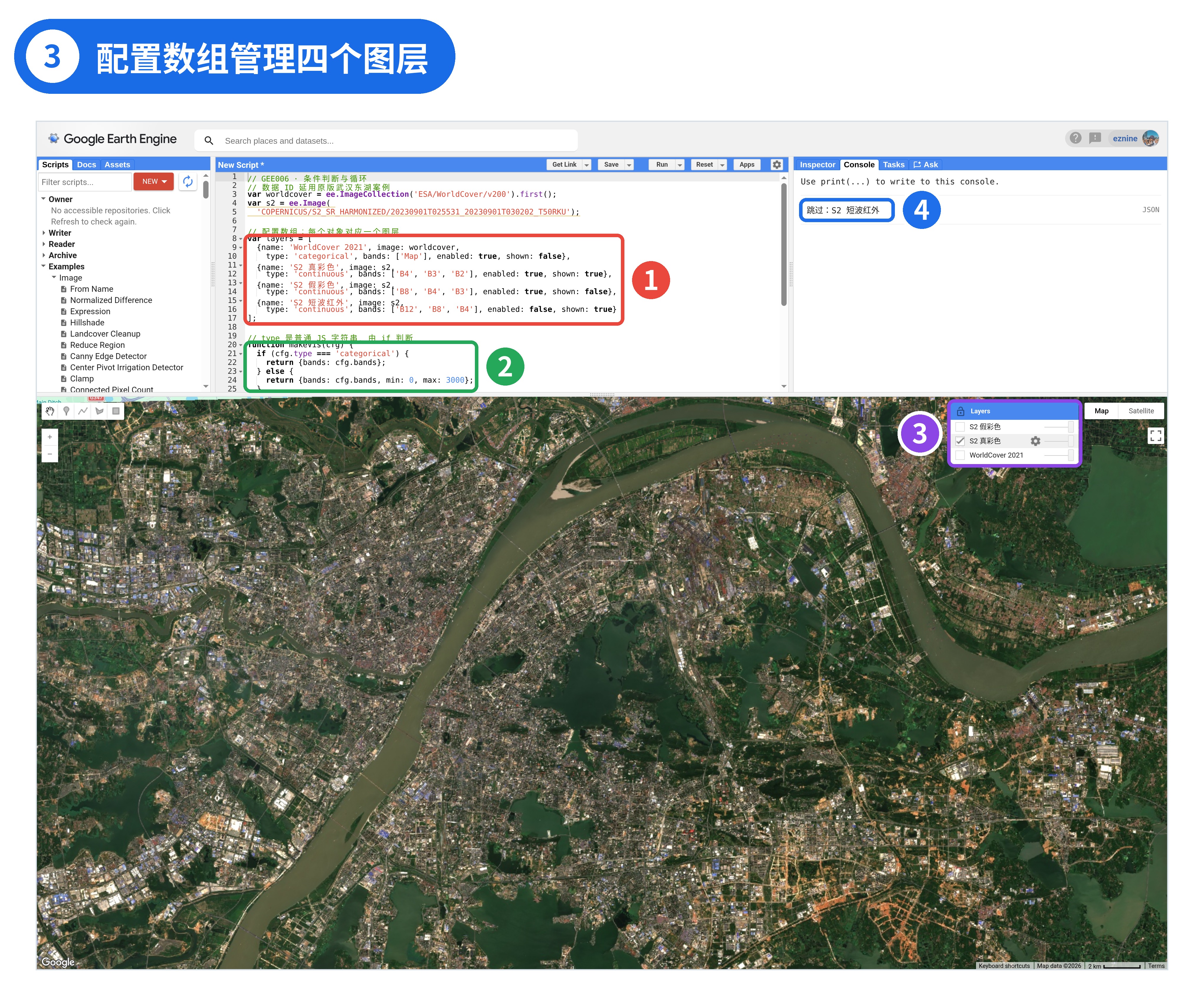 图 3 ｜ ① 四个图层配置 ② makeVis 按 type 返回参数 ③ Layers 仅三个图层，真彩色默认勾选 ④ 短波红外被跳过